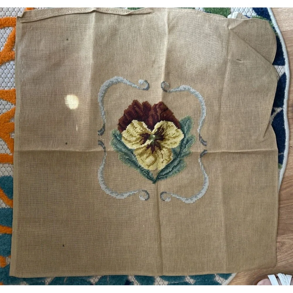 VTG Needlepoint Finished PANSY Flowers 23” x 23”